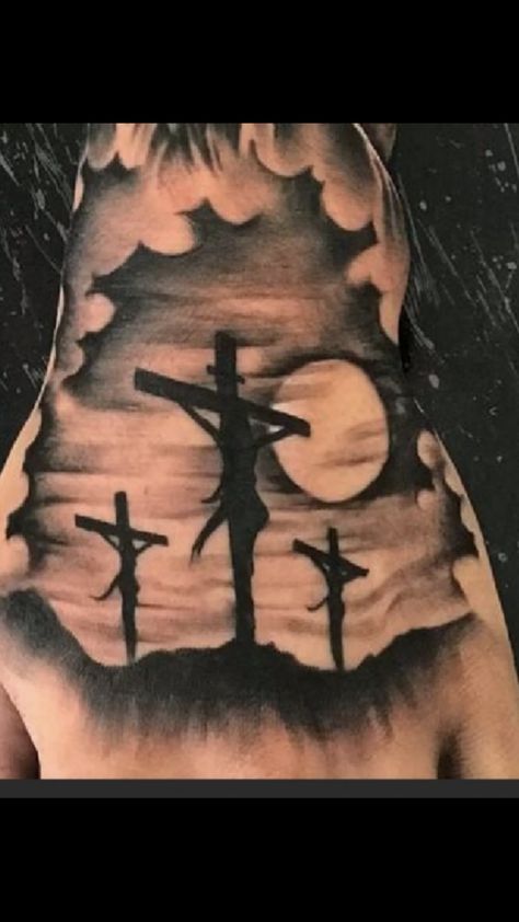 Cross On Calvary Tattoo, Cross Hand Tattoo Men, Peck Tattoos For Men, 3 Crosses Tattoo Men, Three Crosses Tattoo Design, Cross Hand Tattoo, 3 Crosses Tattoo Design, Three Crosses Tattoo, Jesus Hand Tattoo