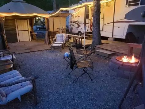 Tips For Setting Up A Seasonal Campsite - Seasonal Camping Life Cozy Campsite Ideas, Decorating Campsite Ideas, Camper Site Ideas, Seasonal Camping Sites Ideas, Permanent Rv Site Ideas, Seasonal Campsite Ideas, Permanent Camper Site Ideas, Seasonal Campsite, Campsite Decorating