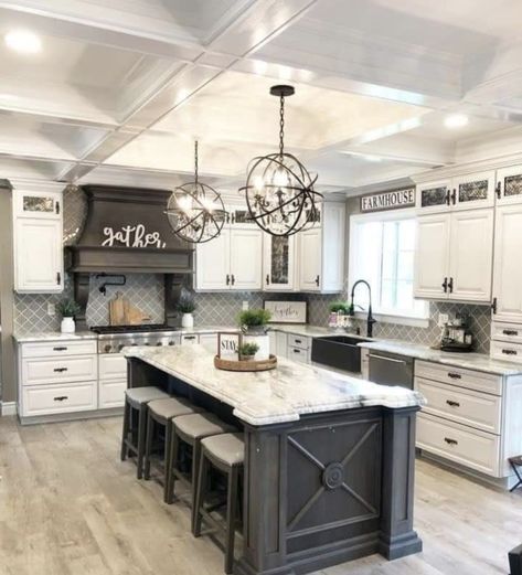 Kitchen Remodel L Shaped Layout With Island, Turn Farmhouse Into Modern, Best Farmhouse Kitchens, Barndominium Inspiration, Kitchen Island Lighting Ideas, Island Lighting Ideas, Kitchen Cabinets And Backsplash, Sink Ideas, Kitchen Aesthetic