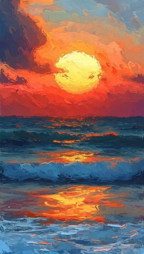 Oil Pastel Drawings Landscapes, Oil Pastel Tutorial Step By Step, Sea Scapes Paintings, Sunset Sea Painting, Sea Sunset Painting, Paint The Ocean, Ocean Sunset Painting, Sunset Oil Painting, Art Painting Watercolor