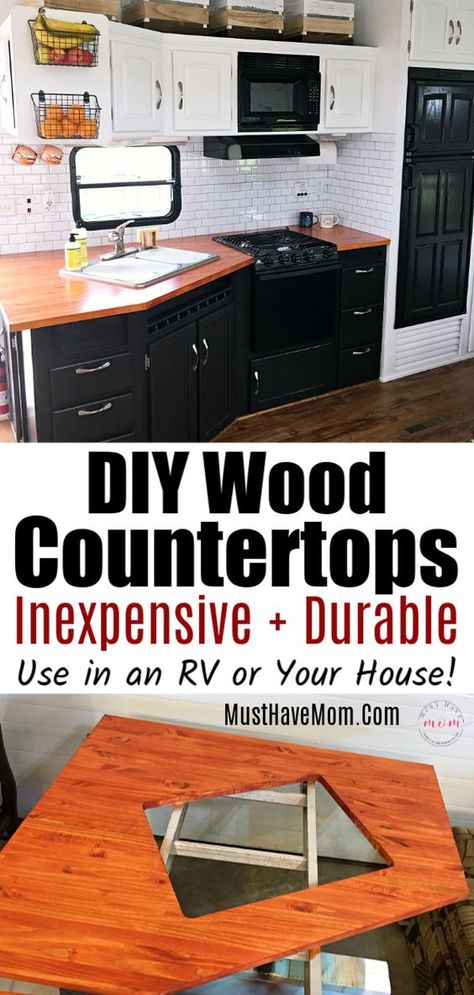 Diy Wood Countertops, Countertops Wood, Outdoor Kitchen Countertops, Camper Trailer Remodel, Diy Camper Remodel, Retro Camping, Rv Kitchen, Rv Makeover, Diy Rv