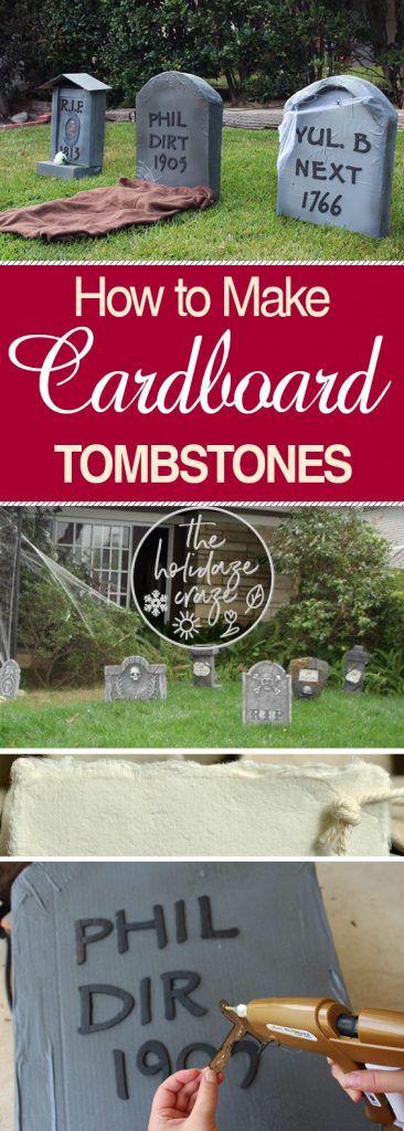 Would you like to creep up your yard for Halloween? Maybe you’ve thought of tombstones, but want to avoid all that messy grave-digging business.  Good news! You can skip all that and still have the authentic look you want. Just follow along with my How-To Guide to Making Cardboard Tombstones. #DIYCardboardTombstones  #CardboardTombstoneProjects  #DIYHalloween  #HalloweenHomeDecor #DIYHoliday #PopularPin Home Made Tombstones For Halloween, How To Make Headstones For Halloween, Diy Cemetary Decorations Halloween, Cardboard Gravestones Diy, Diy Tombstones Halloween Cardboard, Styrofoam Tombstone Diy, Tombstone Designs Halloween Decorations, Diy Halloween Cemetary, Grave Stones Ideas Halloween