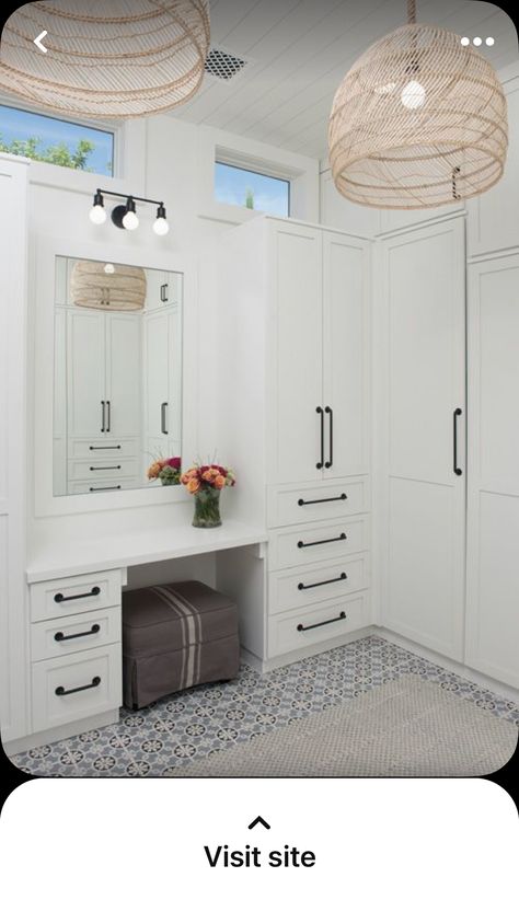 Vanity Area In Walk In Closet, Modern Closet With Vanity Built In, Master Closet Makeup Vanity, Vanity With Closet Ideas, Build In Vanity In Closet, Built In Vanity With Storage, Vanity Cabinet Bedroom, Closet Organization With Vanity, Vanity Between Closets