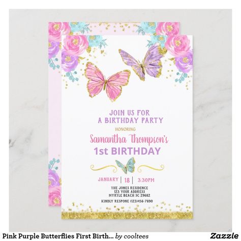 Pink Purple Butterflies First Birthday Invitation Floral Birthday Invitations, Floral Birthday, 1st Birthday Invitations, First Birthday Invitations, Purple Butterfly, 1st Birthday Girls, Blue Butterfly, Pink And Purple, First Birthday