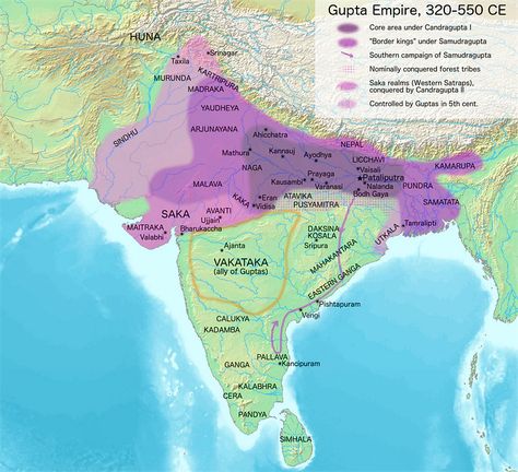 Extent of the Gupta Empire, 320-550 CE (Illustration) - Ancient History Encyclopedia Gupta Dynasty, Maurya Empire, Gupta Empire, Indian History Facts, India Map, History Of India, History Education, Michigan State University, Srinagar