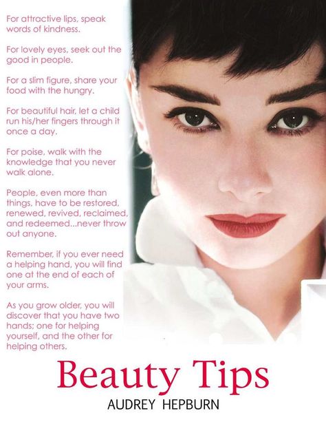 beauty tips | AUDREY HEPBURN'S BEAUTY TIPS Audrey Hepburn Outfit, Books And Tea, Audrey Hepburn Quotes, Lovely Eyes, Physical Beauty, Best Beauty Tips, Beauty Quotes, Brigitte Bardot, Beauty Videos