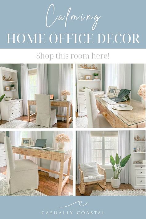 Coastal Office Ideas, Coastal Shelf Decor, Coastal Office Decor, Beach House Office, Coastal Home Office, Coastal Office, Coastal Color Palette, Bookshelf Styling, Shelf Styling