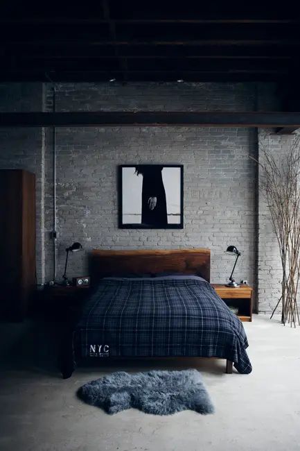 Picture Of a moody masculine bedroom with a grey brick statement wall and chic mid century modern furniture Moody Masculine Bedroom, Brick Wall Bedroom, Brick Bedroom, Masculine Bedroom, Grey Brick, Statement Wall, Mid Century Modern Furniture, Brick Wall, Modern Furniture