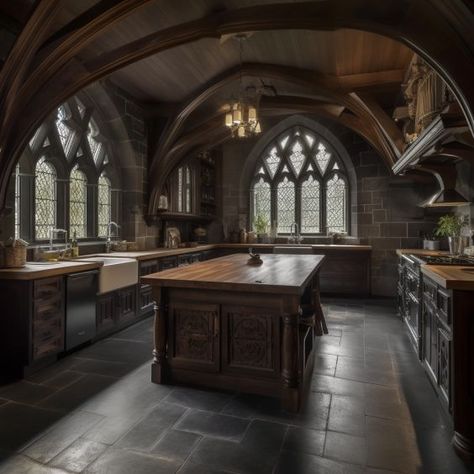 Medieval Inspired House Interior, Gothic Rustic Home, Gothic Architecture Kitchen, Gothic Interior Architecture, Gothic Flooring, Gothic Barndominium, Gothic Home Aesthetic, Gothic House Interior, Gothic Architecture House