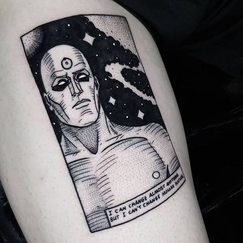 Comic Book Style Tattoo, Dr Manhattan Tattoo, Comic Book Tattoo Ideas, Comic Art Tattoo, Tattoo Comic Style, Comic Strip Tattoo, Comic Tattoo Ideas, Comic Style Tattoo, Watchmen Tattoo