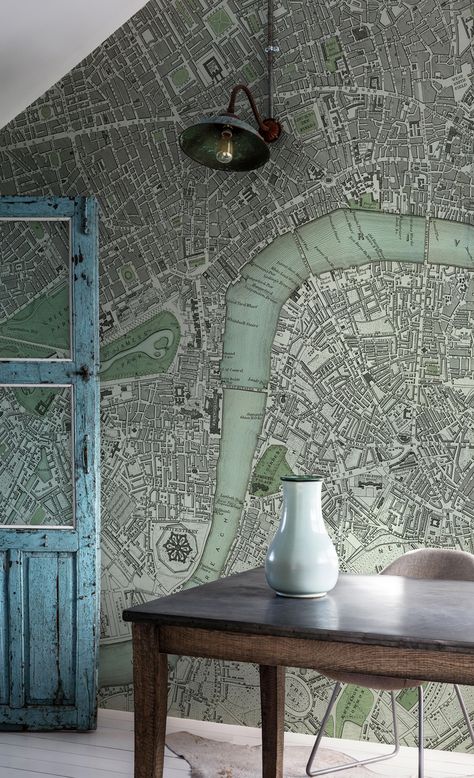 Wallpapered Bedrooms Feature Wall, Feature Wall Living Room Wallpaper, Map Mural, Map Wallpaper Bathroom, Vintage Map Wallpaper, Map Wallpaper Bedroom, Map On Wall, Vintage World Map Wallpaper, Wall Art Quotes Bedroom