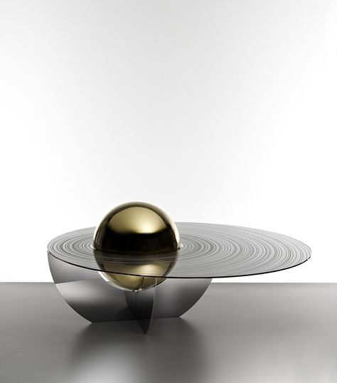 Brooksbank&Collins Boullee Table Brass Sphere #brooksbankcollins #galleryfumi   http://galleryfumi.com/artists/brooksbank-collins/ Workshop Apd, Geometric Coffee Table, Chrome Table, Table With Mirror, Geometric Table, Shower Columns, Salon Art, Contemporary Coffee Table, Metal Coffee Table