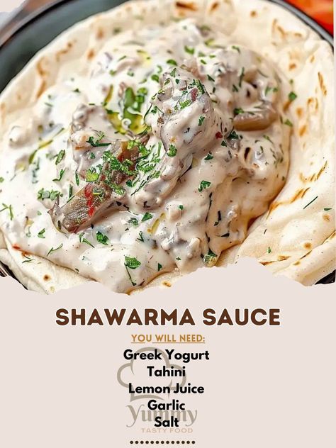 Let's make your Shawarma night extra special with this creamy and flavorful Shawarma sauce recipe. Perfect for drizzling over chicken, beef, or lamb Shawarma, or as a delicious dipping sauce for your sides. 🌯✨ Shawarma Sauce Recipe 🥣 Ingredients: Greek Yogurt (1 cup): Thick and creamy, it's the base of our sauce. 🍦 Tahini (2 tablespoons): Sesame paste that adds a nutty flavor. 🌰 Lemon Juice (2 tablespoons): For a tangy kick. 🍋 Garlic (2 cloves, minced): Adds a punch of flavor. 🧄 Salt (to tas... Shawarma Toppings, Shawarma Sauce Recipe, Arabic Shawarma, Lamb Shawarma Recipe, Lamb Shawarma, Shawarma Sauce, Beef Shawarma, Shawarma Chicken, Greek Sauce