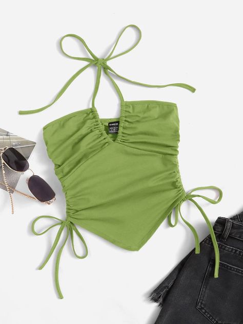 Lime Green Sexy Collar Sleeveless Fabric Plain  Embellished Slight Stretch Summer Women Tops, Blouses & Tee Look Top Verde, Diy Cut Shirts, Verde Lima, Shein Icon, Shein Outfits, Cute Preppy Outfits, Swim Fashion, Green Tops, Cut Shirts