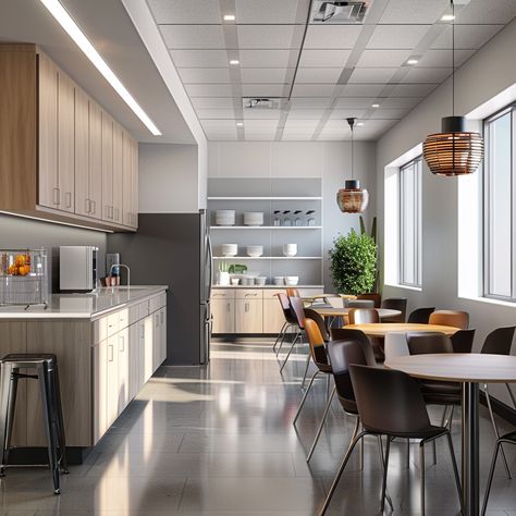 workplace break room ideas comfortable lounge area Employee Lunch Room Ideas, Office Break Out Area, Breakout Room Office, Small Office Break Room Ideas, Salon Break Room, Lunch Room Design, Salon Breakroom, Corporate Office Kitchen, Modern Break Room