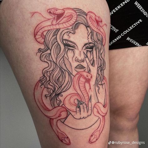 Medusa Red Tattoo, Red And Black Medusa Tattoo, Red Medusa Tattoo, Pretty Tattoos For Women Thigh Piece, Thigh Piece Tattoos, Flower Hip Tattoos, Medusa Tattoo Design, Basic Tattoos, Cute Hand Tattoos