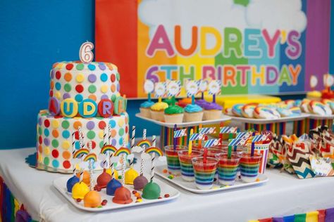 Colorful Rainbow Birthday Dessert Table | CatchMyParty.com Rainbow Dessert Table, Rainbow Birthday Party Ideas, Birthday Dessert Table, Rainbow Desserts, Dessert Table Birthday, Birthday Dessert, Rainbow Photo, Birthday Desserts, Rainbow Birthday Party