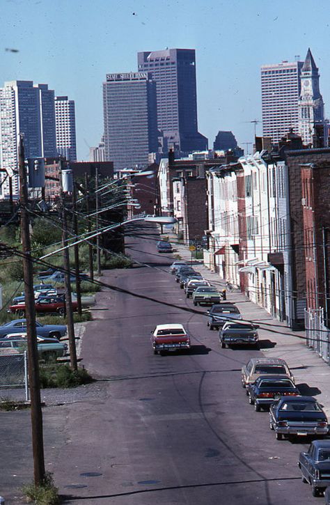 8. Another view of the skyline - this one from 1975. Jfk Library Boston, Newbury Street Boston Aesthetic, Boston Street, Boston 1980s, Hanover Street, Newbury Street Boston, Red Coats, Vintage Boston, Boston History