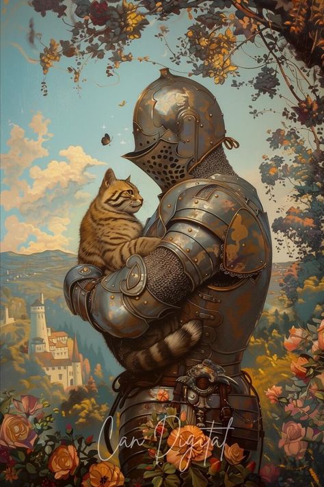 Medieval Knight Holding a Cat Fantasy Art Mythical Art Magical Art Digital Download DND Wall Art M12 - Etsy Türkiye Classic Fantasy Art, Cat With Armor, Fantasy Dnd Art, Cats Fantasy Art, Fantasy Medieval Art, Medieval Woodcut Art, Fantasy King Art, Medieval Art Aesthetic, Historical Fantasy Art