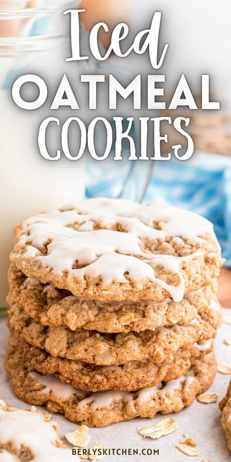 Traditional Iced Oatmeal Cookies are one of our favorite treats to make! Soft, chewy, warm oatmeal cookies are topped with a deliciously sweet and simple vanilla icing. Salad Pasta Recipes, Simple Vanilla Icing, Homemade Oatmeal Cookies, Cookies With Icing, Christmas Cookie Exchange Recipes, Amazing Cookie Recipes, Iced Oatmeal Cookies, Cookie Exchange Recipes, Homemade Oatmeal