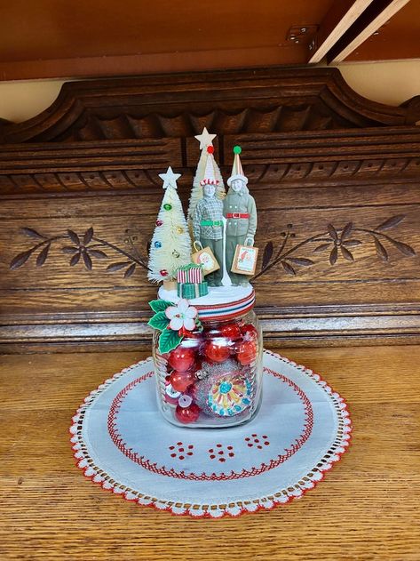 NeedleandThreadLLC - Etsy Tim Holtz Paper Dolls, Christmas Window Candles, Mixed Media Christmas, Christmas Assemblage, Cone Hats, Elf Decorations, Vintage Inspired Christmas, Elf Ornaments, Vintage Jars