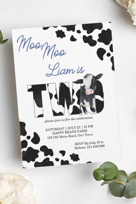 Moo moo cow black and blue cute cow birthday party invitation template instant download Invitation Design Birthday, Cow Birthday Party, Picture Invitations, Cow Birthday Parties, Barnyard Birthday Party, Moo Cow, Farm Themed Birthday Party, Cow Birthday, Barnyard Birthday