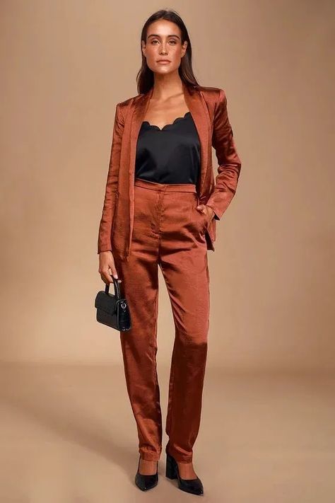 Très Chic Rust Brown Satin Blazer & Rust Brown Trousers | Petite Looloo Rust Womens Suit, Rust Brown Outfit, Romper Skirt, Speaking Engagement, Trendy Blazers, Skirt Tops, Satin Suit, Chelsea Wedding, Satin Blazer