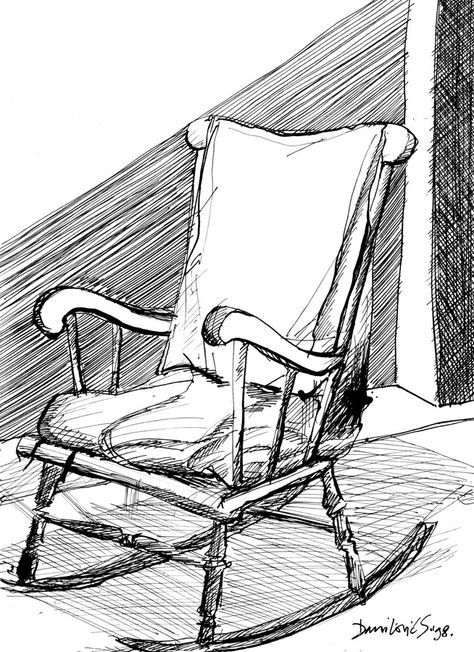 Rocking chair, ink, 1998. Rocking Chair Art, Chair Illustration Drawing, Chair Drawing Simple, Chair Drawing Sketches, Rocking Chair Drawing, Rocking Chair Illustration, Chair Sketch, Easy Hair Drawings, Antique Rocking Chair