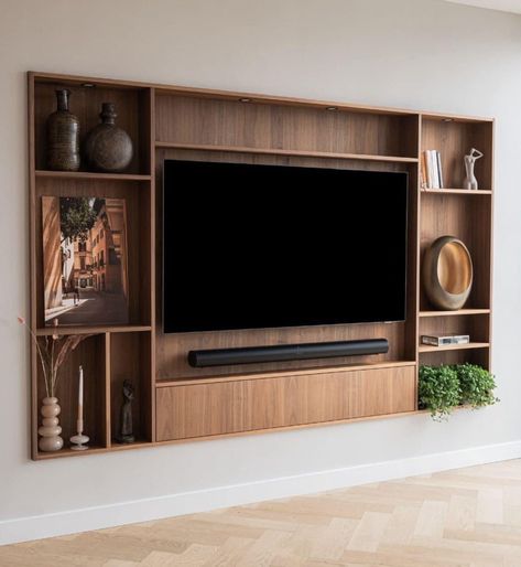 Tv Unit With Book Shelves, Tv And Bookcase Wall, Built In Tv Unit, Basement Entertainment, Projector Screens, Linden Homes, Wooden Tv Unit, Box Bed Design, Panel Tv