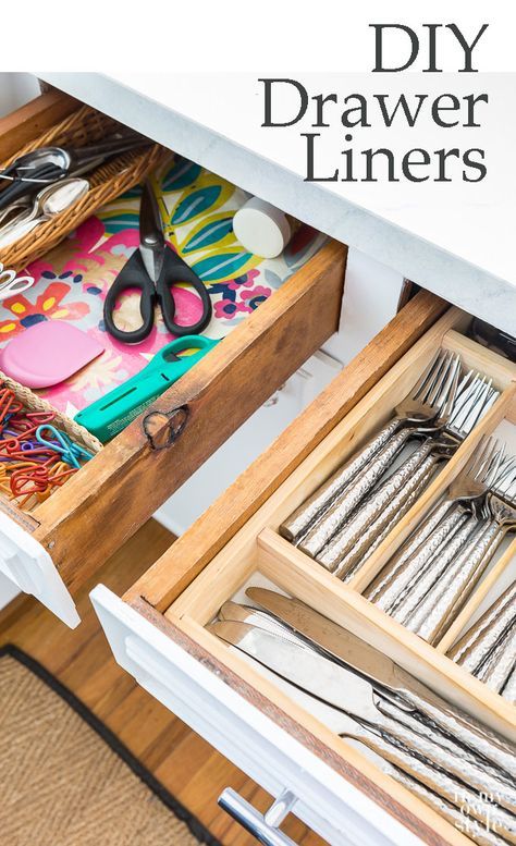 DIY drawer liners. No need to buy expensive shelf or contact paper when you can make your own DIY drawer liners using your favorite decorative paper or fabric. Yorkshire Cottage, Diy Drawer Liners, Kitchen Drawers Diy, Cabinet Liners, Drawer Inspiration, Kitchen Shelf Liner, Kitchen Drawer Liners, Kitchen Cabinet Liners, Ny House