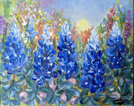 Bluebonnets Painting, Bird Nest Painting, Fence Art, Floral Artwork, Acrylic Canvas, Painting Gift, Blue Bonnets, Art Painting Acrylic, Mini Paintings