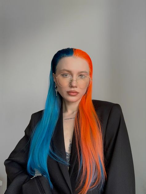 Blue Orange Hair, Blue And Orange Hair, Hairstyles Fringe, Bright Orange Hair, Bright Blue Hair, Sunset Hair, Wow Hair Products, Hair Color Orange, Light Blue Hair