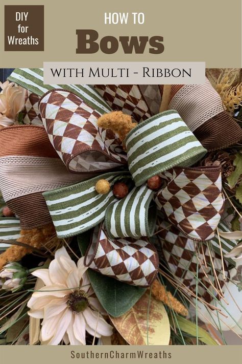 Learn how to make a bow using multiple ribbons.  Julie Siomacco, from Southern Charm Wreaths, guides you through step by step instructions as well as a VIDEO demonstration.  You will also see 9 ways to Make a bow! How To Make A Bow For A Sign, How To Make A Bow With Three Different Ribbons, How To Make Wreath Bows Step By Step Wired Ribbon, Bow With 3 Different Ribbons, Bow Making Tutorials For Wreaths, Making A Wreath Bow With Ribbon, How To Make Bows With Multiple Ribbons, How To Make Ribbons For Christmas Tree Bow Tutorial, Bow For Wreaths