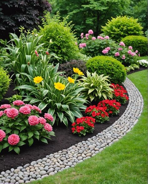 Terrace Border Ideas, Garden Pebbles Border, Front Yard Landscaping Florida Ideas, Landscaping For Side Of The House, Borders For Gardens, Perennial Front Yard Landscaping, Border Garden Along House, Front Yard Landscaping Design Curb Appeal, Garden Border Design Ideas