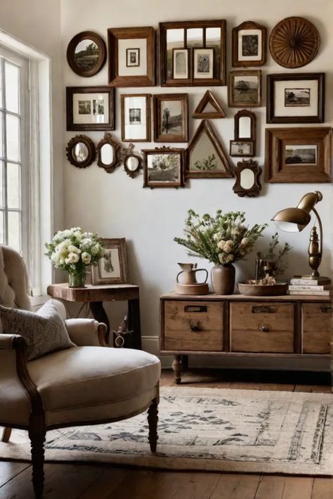 Farmhouse living room with an asymmetrical gallery wall and warm wood tones Warm Wood Tones, Frame Placement, Gallery Wall Layout, Farmhouse Living Room, Room Display, Wood Tones, Salon Style, Picture Hangers, Minimalist Bathroom