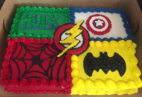 Marvel Sheet Cake, Super Hero Sheet Cake, Superhero Sheet Cake, Super Heroes Cake, Avengers Birthday Party Decorations, Marvel Birthday, Marvel Birthday Party, Sheet Cake Designs, Birthday Favors Kids