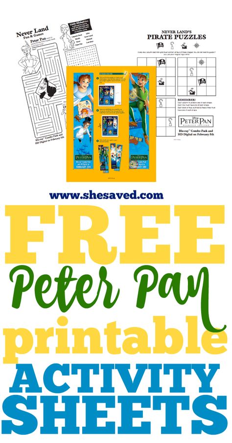 FREE Printable Peter Pan Activity Sheets Peter Pan Unit Study, Peter Pan Crafts For Kids, Peter Pan Activities For Kids, Peter Pan Activities, Peter Pan Games, Peter Pan Crafts, Peter Pan Costume Kids, Disney Sewing, 1st Grade Books