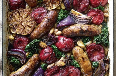 Sticky Spiced Sausage & Plum Traybake Recipe | Waitrose & Partners Plum Recipes Savory, Traybake Dinner, Sticky Sausages, Plum Recipes, Tray Bake Recipes, Food Photographer, Sausages, Photographing Food, Pot Roast