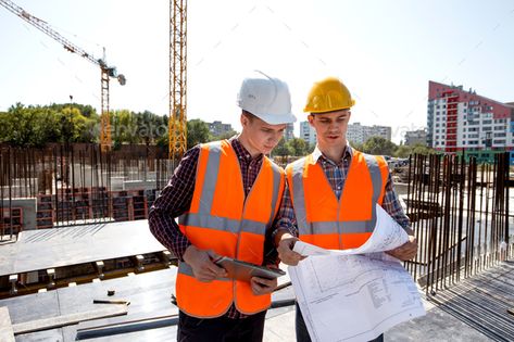 Structural engineer and construction manager dressed in orange work vests and helmets discuss by leikapro. Structural engineer and construction manager dressed in orange work vests and helmets discuss documentation on the op... #AD #manager, #dressed, #orange, #Structural Construction Site Safety, Construction Manager, Structural Engineer, Safety Procedures, Risk Assessment, Construction Safety, Risky Business, Health Administration, Construction Workers