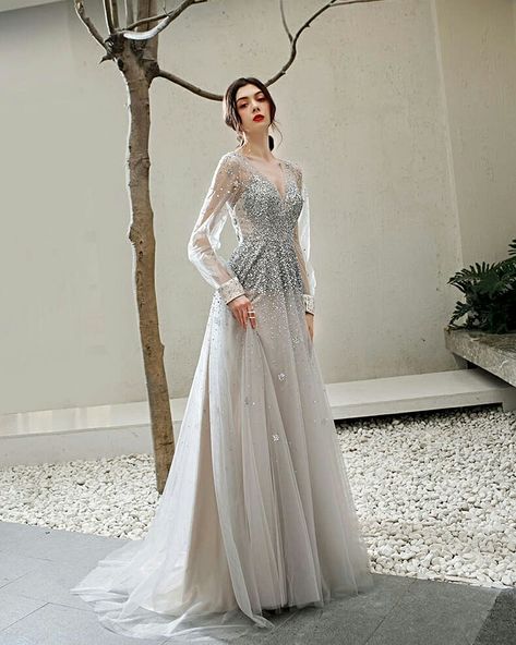 Prom Dresses Long Sleeves, Princess Evening Dress, Dresses Long Sleeves, Beaded Formal Dress, Lace Bride, V Neck Prom Dresses, Fancy Wedding Dresses, Prom Dresses 2019, Unique Prom Dresses