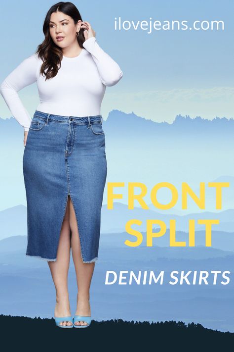 The front split denim skirt is a sexy playful number! Showing a glimpse of leg this skirt is in need of curves to carry it off. Read this post on which denim skirt suits your body shape.  denim split skirt, denim split skirt outfit, front split denim skirt outfit, maxi denim skirt outfit,  midi denim skirt outfit, Plus Size Denim Skirt Outfit, Outfits Ideas Winter, Event Dresses Classy, Curvy Winter Outfits, Outfit Idea Winter, Winter Outfits 2022, Denim Midi Skirt Outfit, Winter Outfit Aesthetic, Winter Outfits Tumblr