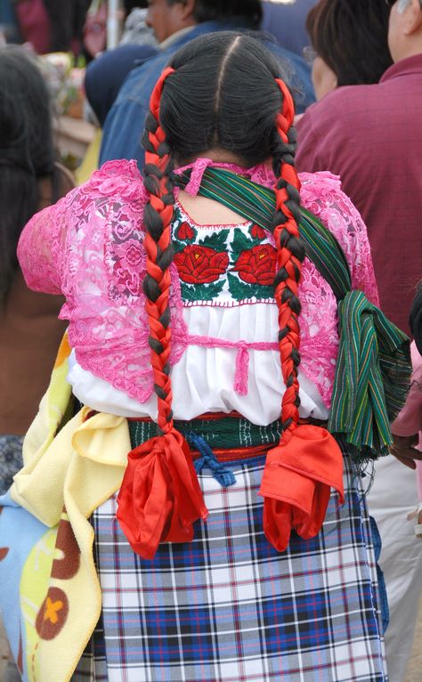 This Zapotec woman is from San Bartolome Quialana, a town near Tlacolula, Oaxaca. She wears a pink lace overblouse over her hand embroidered underblouse. Wrap skirts made from plaid fabrics are worn in several Zapotec villages in the valles centrales of Oaxaca Mexican Braids With Ribbon, Mexico Braids, Mexican Braids, Braids With Ribbon, Mexican American Culture, Mexican Hairstyles, America Dress, San Bartolome, Ribbon Braids