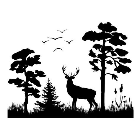 A black silhouette of a deer standing among the trees on the grass. Vector illustration of a forest with pine tree. Nature Silhouette, Grass Vector, Pine Tree Silhouette, Deer Illustration, Deer Stand, Allama Iqbal, Animal Silhouette, Black Silhouette, A Deer