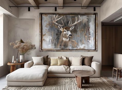 Hunting Style Living Room, Decor For Wood Panel Walls, Deer Mount Living Room, Deer Decor Living Room, Rustic Wall Decor For Living Room, Behind The Sofa Wall Decor, Bachelor Pad Decor Living Room, Deer Mount Wall Arrangement, Black And Wood Interior Design