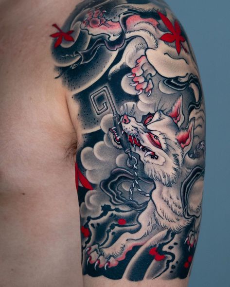 Nine Tail Fox Tattoo, Japanese Dog Tattoo, Japanese Fox Tattoo, Japanese Wolf Tattoo, 9 Tailed Fox Tattoo, Wolf Sleeve Tattoo, Nine Tailed Fox Tattoo, Nine Tailed Fox Art, Japanese Wolf