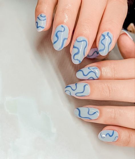 Wavy Blue Nails, Blue Squiggle Nails, Wavy Nails, Aesthetics Nails, Nail Extensions Acrylic, Hoco Nails, Wave Nails, Funky Nail Art, Cute Simple Nails