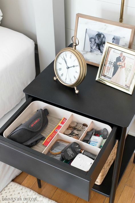 A simple organizer to whip a small drawer (like this nightstand drawer) into shape! Men’s Nightstand Decor, Organizing Nightstand Drawers, Organize Nightstand Drawer, Night Stand Drawer Organization, What To Put In Nightstand Drawers, Bedside Table Organization Ideas, Night Stand Organization, Nightstand Organization Ideas, Nightstand Drawer Organization