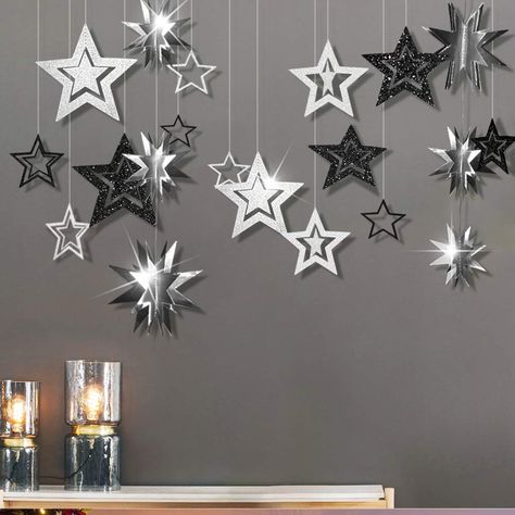 Star Party Decorations, Hanging Backdrop, Silver Party Decorations, Bachelorette Decor, Hanging Stars, Silver Theme, Bachelorette Decorations, Fantasy Decor, Silver Party