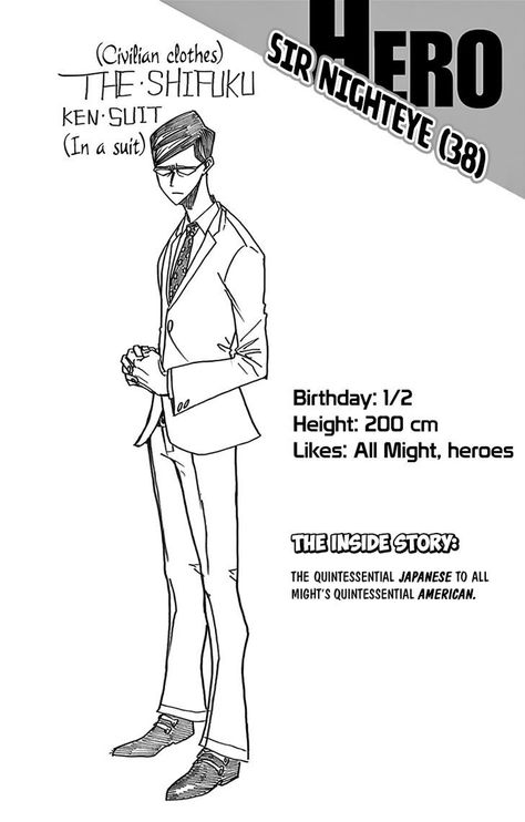 Sir Nighteye’s character sheet from the Boku no Hero Academia Manga (Ch 128.5) Sir Nighteye, Pro Heroes, Manga Poses, Boku No Academia, Book Writing Inspiration, Character Profile, Gerson, Spiderman Art, Character Sheet