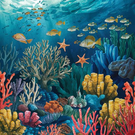 Coral Reef Painting, Reef Painting, Underwater Reef, Coral Reef, Sea Creatures, Background Patterns, Under The Sea, Coral, Art Design